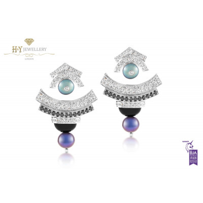 Ananya Celeste Layered Ear Jacket Earrings set with Black diamonds, Black Onyx, Pearls and Diamonds