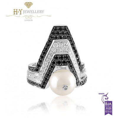 Ananya White Gold Balance Twin Ring set with a Pearl, White and Black Diamonds