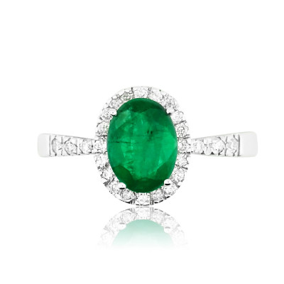 White Gold Ring With Oval Cut Emerald And Brilliant Cut Diamonds