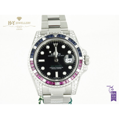 Rolex GMT Master II Steel Aftermarket Diamonds with Rubies and Sapphires   - ref 116710LN