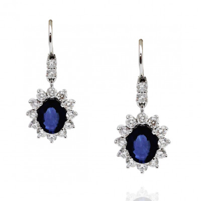 Royal Blue Oval Sapphire and Diamond Pendant Drop Earrings 