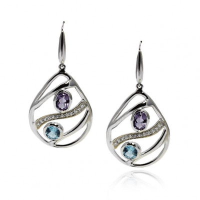 Open work Tear drop Earring with Amethyst and Blue Topaz