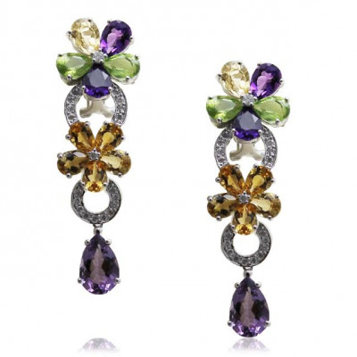 White Gold Drop Flower Earrings With Semi Precious Stones And Brilliant Cut Diamonds