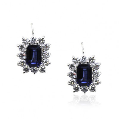 Royal blue emerald cut Sapphire and Diamond Earrings 