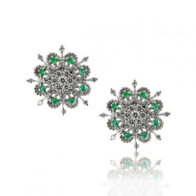 Emerald and Diamond Floral Stud Earrrings 
