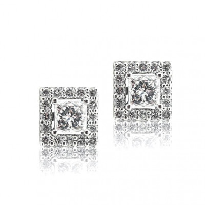 White Gold Diamond Princess Cut Halo Earrings, E-F , VVS2