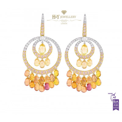 White and Yellow Gold Orange Sapphire and Diamond Earrings - 46.17 ct
