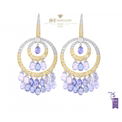 White and Yellow Gold Blue Sapphire and Diamond Earrings - 44.17 ct