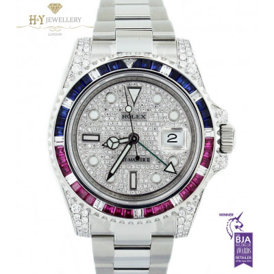 Rolex GMT Master II Steel Aftermarket Diamonds with Rubies and Sapphires   - ref 116710LN
