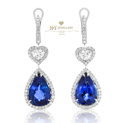 White Gold Pear Cut Sapphire Earrings with Diamonds - 14.41 CT