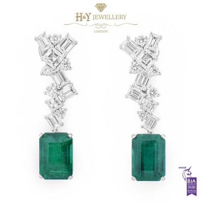 White Gold Zambian Emerald and Mixed Cut Diamond Earrings - 17.76 ct