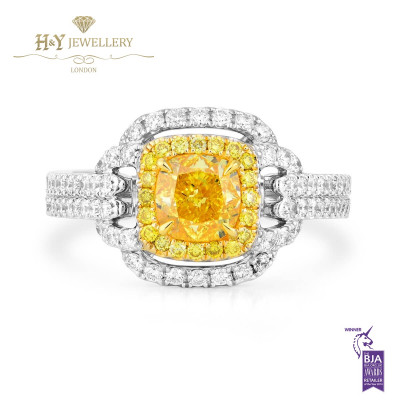 White Gold Fancy Vivid Yellow Cushion Cut Diamond Ring - 1.82 ct