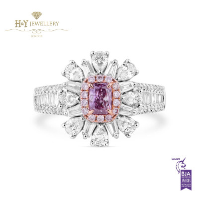White Gold Fancy Pink Radiant Cut and White Diamond Ring - 1.44 ct