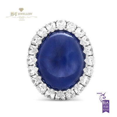 White Gold Cabochon Star Sapphire Ring with Diamonds - 41.14 ct