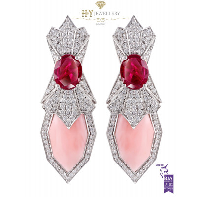 Ananya White Gold Lotus Samsara Bespoke Flush Earrings set with Rubies, Pink Opals and Diamonds
