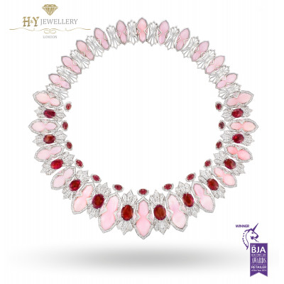 Ananya White Gold Lotus Samsara Bespoke Flush Necklace set with Rubies, Pink Opals and Diamonds