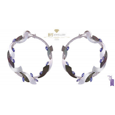 Ananya White Gold Mogra Coronation Hoops set with Tanzanite and Diamonds