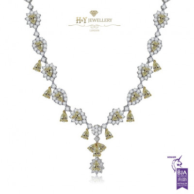 White Gold Flower Necklace With Yellow Diamonds F , VS