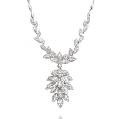 Floral Leaf White Diamond Floating Necklace 