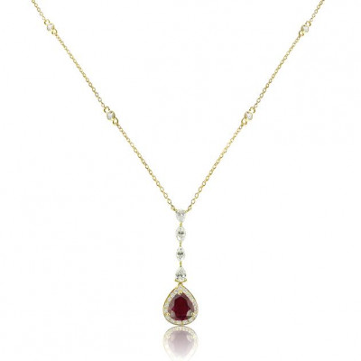 Yellow Gold Pear Cut Ruby Necklace With Round, Marquise And Pear Cut Diamonds