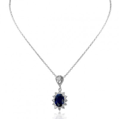 White Gold Necklace With Oval Cut Royal Blue Sapphire And Brilliant Cut Diamonds