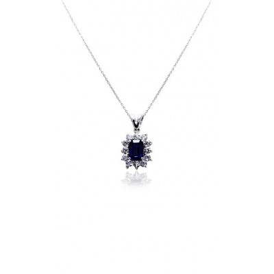 White Gold Pendant With Emerald Cut Sapphire And Brilliant Cut Diamonds