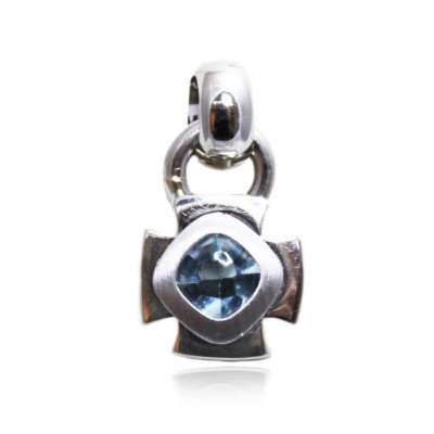 White Gold Thick Cross Pendant With Cushion Cut Blue Topaz