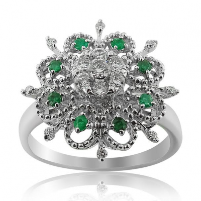 White Gold Flower Diamond Ring With Emeralds 