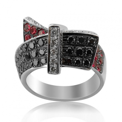Sweeping Ruby and Black Diamond Ring 