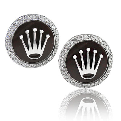 Rolex Design Brown Enamel Cufflinks With Brilliant Cut Diamonds