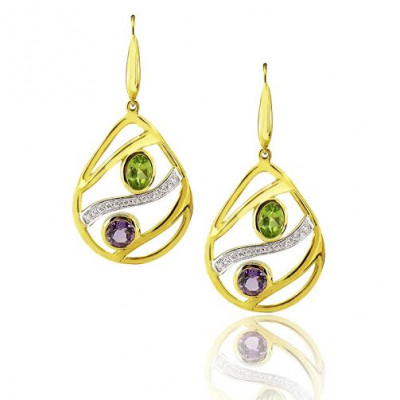 Yellow Gold Drop Earrings With Colored Stones And Brilliant Cut Diamonds