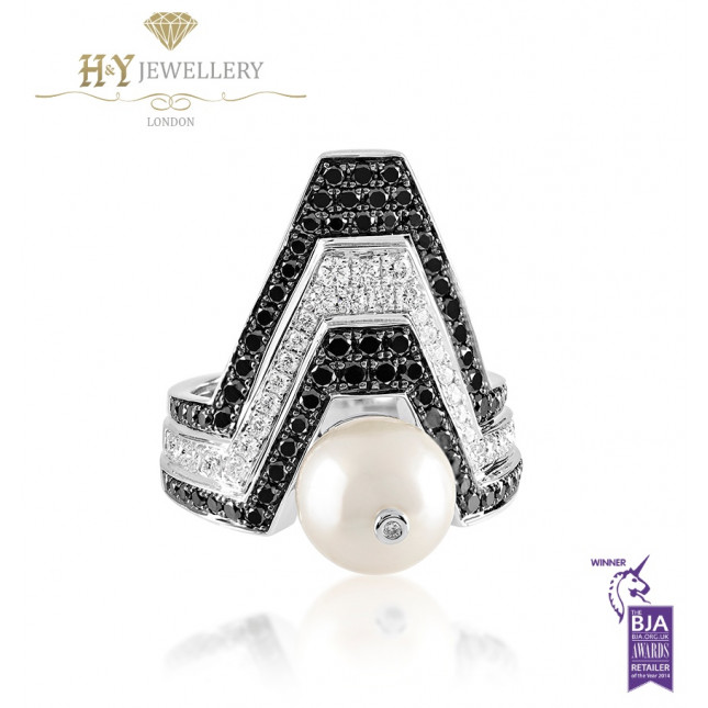 Ananya White Gold Balance Twin Ring set with a Pearl, White and Black Diamonds