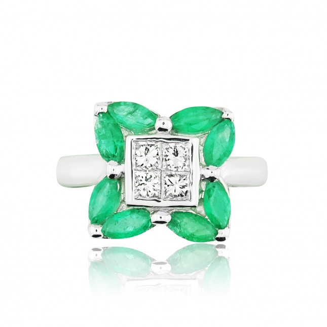 White Gold Marquise Cut Emerald Diamond Ring - 1.55 ct