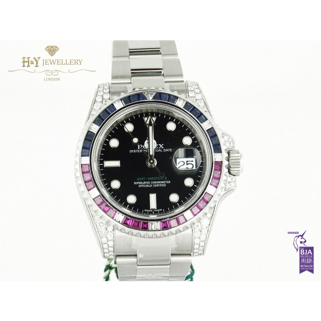 Rolex GMT Master II Steel Aftermarket Diamonds with Rubies and Sapphires   - ref 116710LN