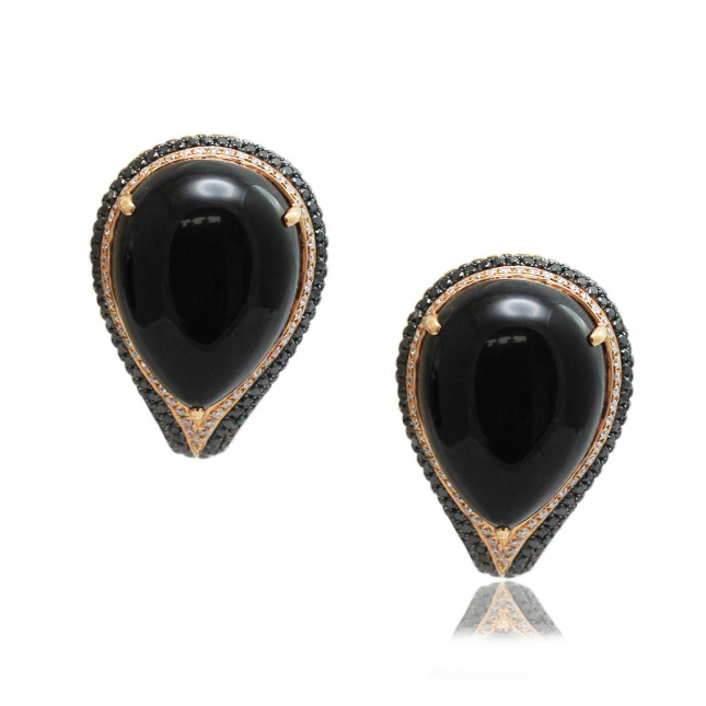 Teardrop Black Onyx and Diamond Large Stud Earrings 