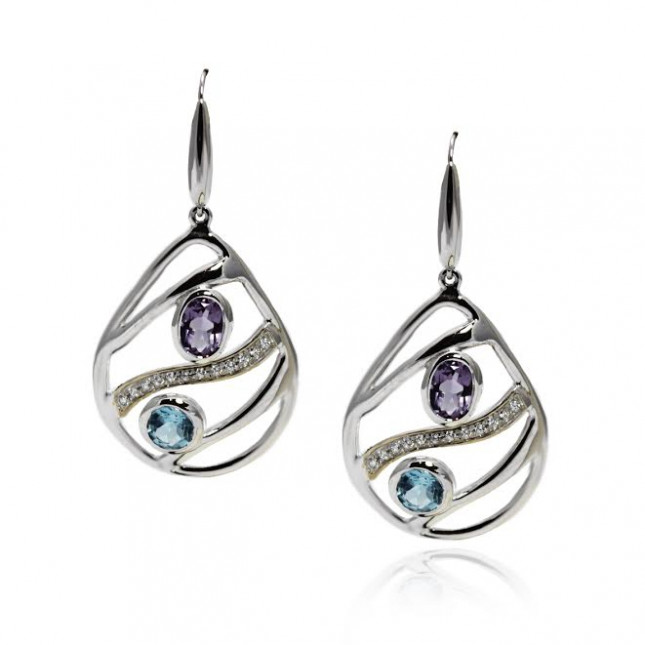 Open work Tear drop Earring with Amethyst and Blue Topaz