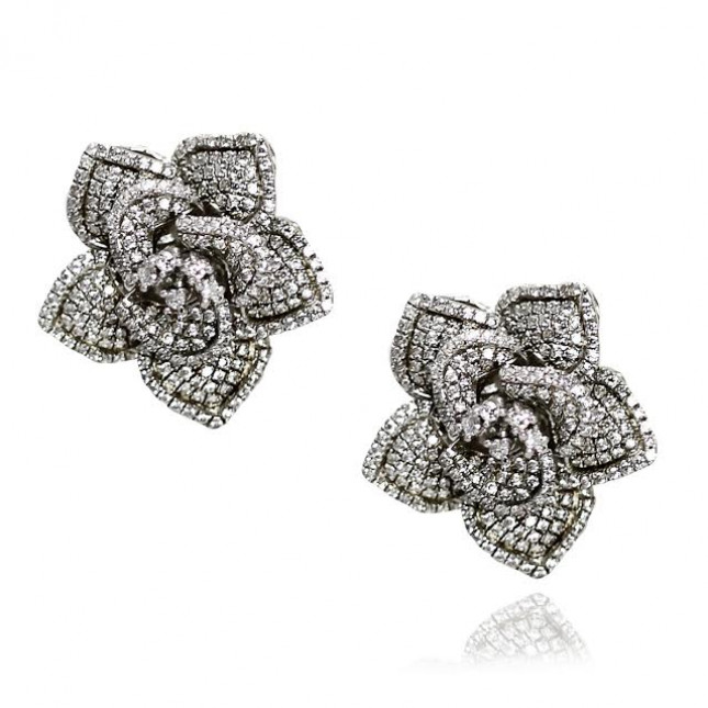 White Gold Flower Stud Earrings With Brilliant Cut Diamonds