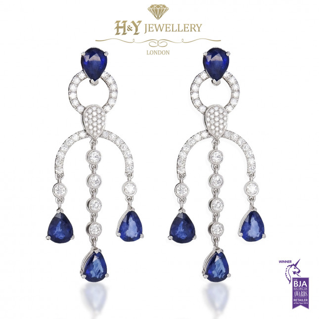 White Gold Chandelier Pear Cut Sapphire Diamond Earrings - 9.45 ct