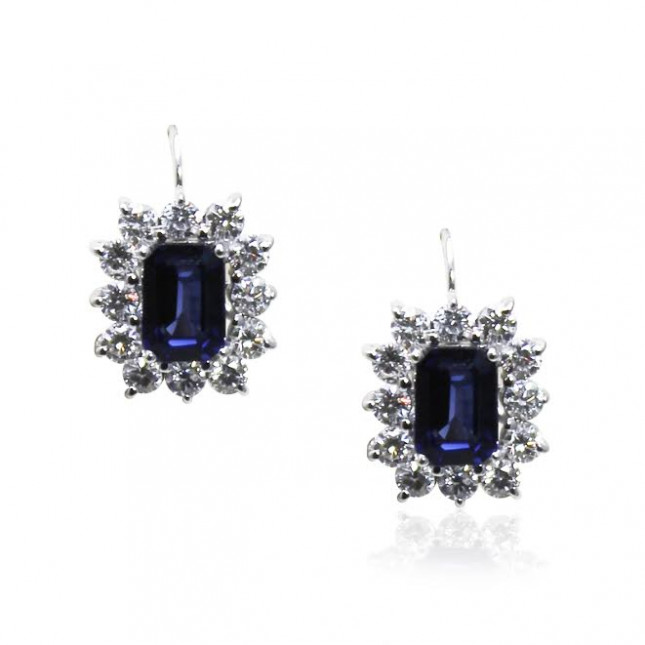 Royal blue emerald cut Sapphire and Diamond Earrings 