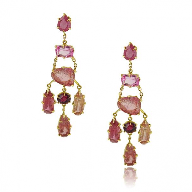 Yellow Gold Chandelier Earrings With Multi Cut Tourmalines