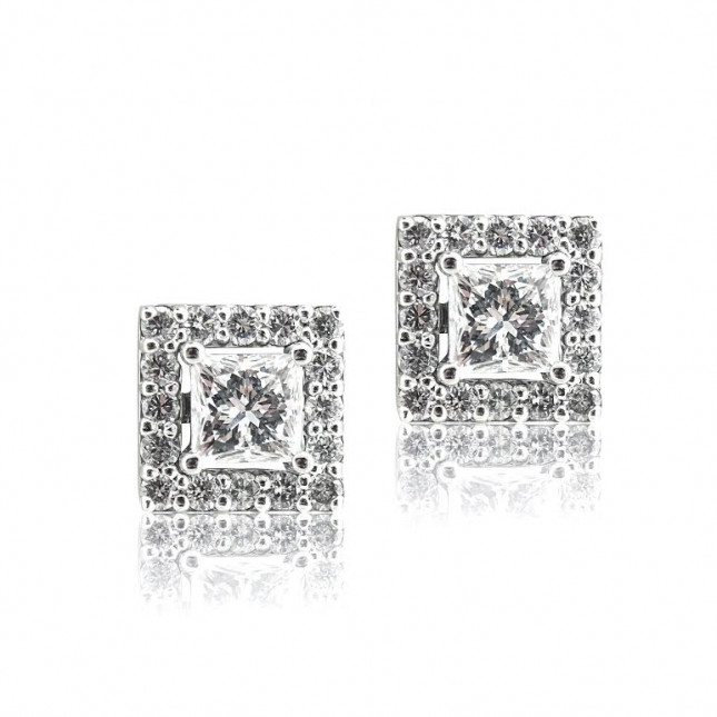 White Gold Diamond Princess Cut Halo Earrings, E-F , VVS2
