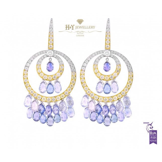 White and Yellow Gold Blue Sapphire and Diamond Earrings - 44.17 ct