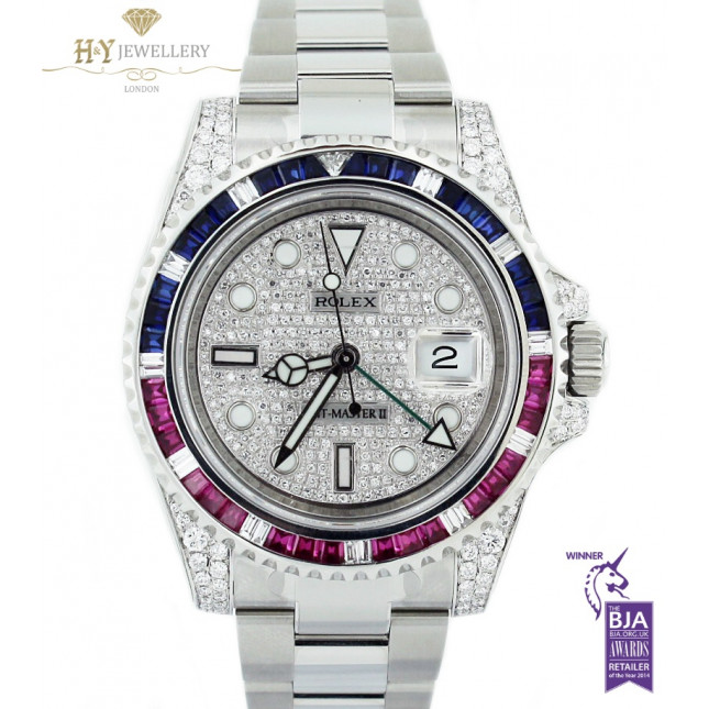 Rolex GMT Master II Steel Aftermarket Diamonds with Rubies and Sapphires   - ref 116710LN