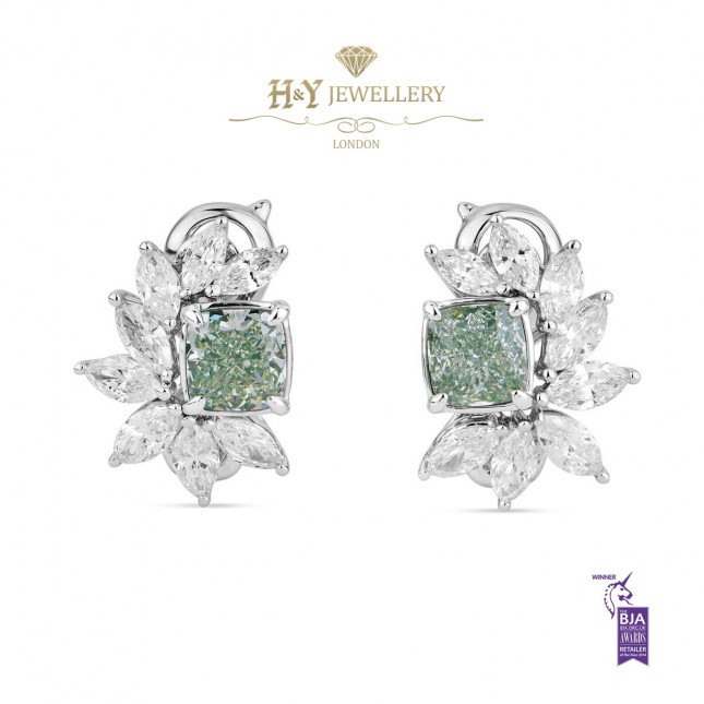 White Gold Flower Fancy Green Diamond Earrings - 3.12 ct