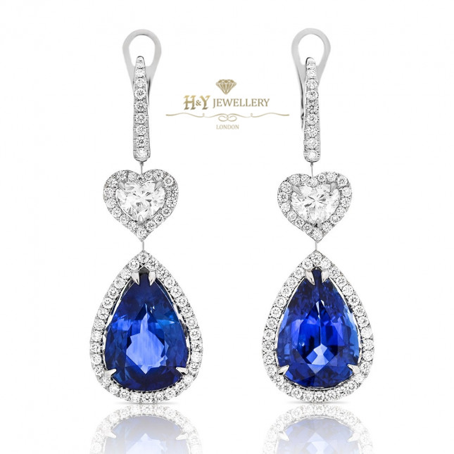 White Gold Pear Cut Sapphire Earrings with Diamonds - 14.41 CT