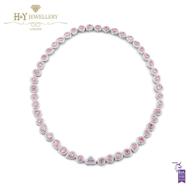 White Gold Fancy Mixed Cut Pink and Trilliant Cut Blue Diamond Necklace - 18.84 ct