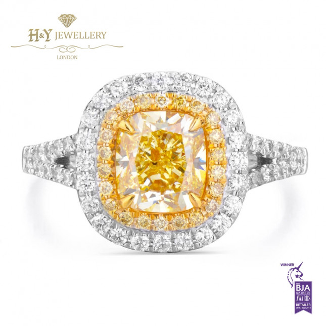 White Gold Cushion Cut Fancy Intense Yellow Diamond Ring - 2.07 ct