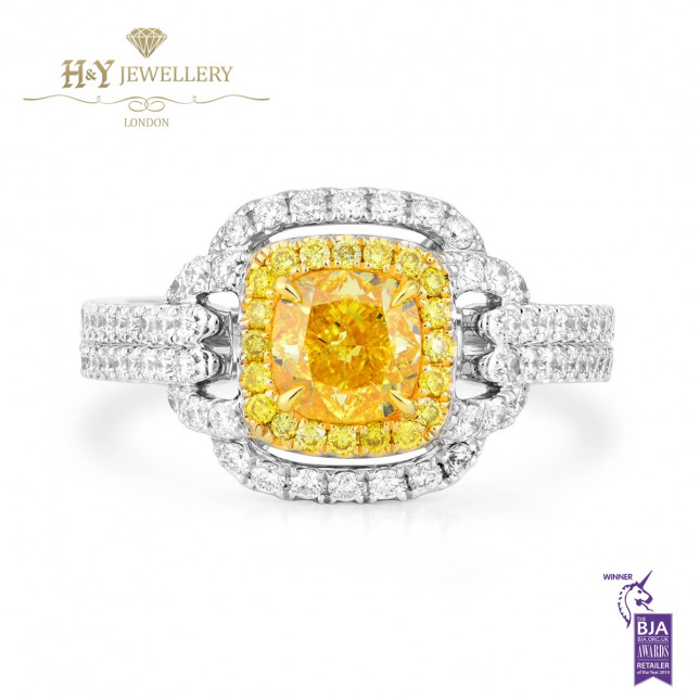 White Gold Fancy Vivid Yellow Cushion Cut Diamond Ring - 1.82 ct