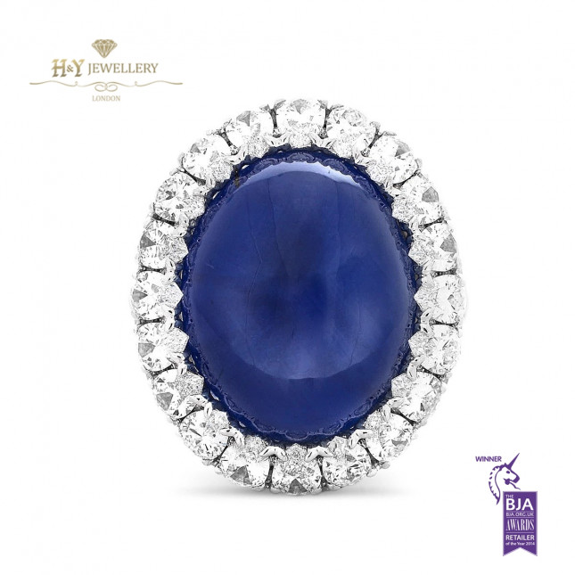 White Gold Cabochon Star Sapphire Ring with Diamonds - 41.14 ct