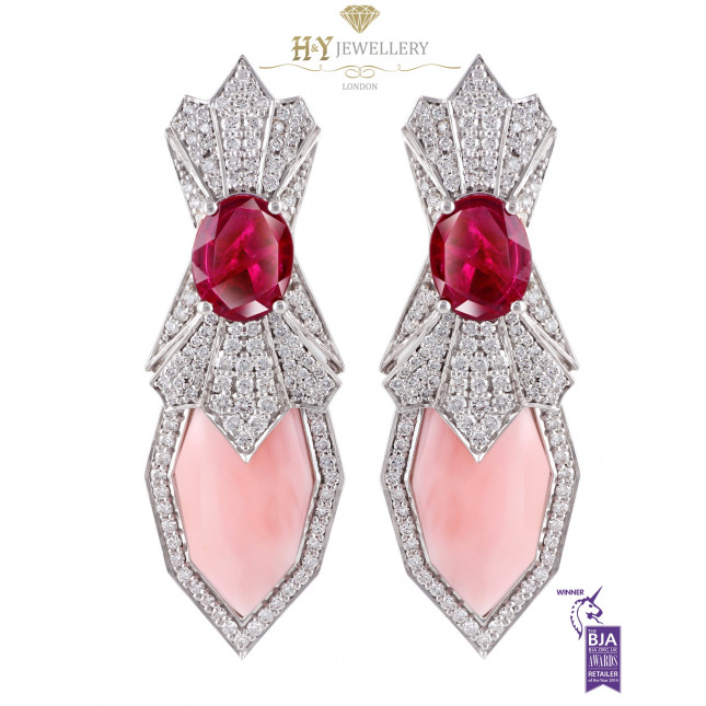 Ananya White Gold Lotus Samsara Bespoke Flush Earrings set with Rubies, Pink Opals and Diamonds